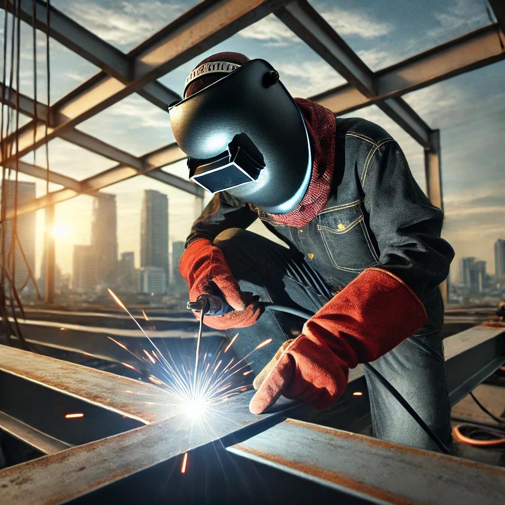 Een lasser met stevige rode handschoenen Een lasser last aan een constructie van staal op het dak van een gebouw.