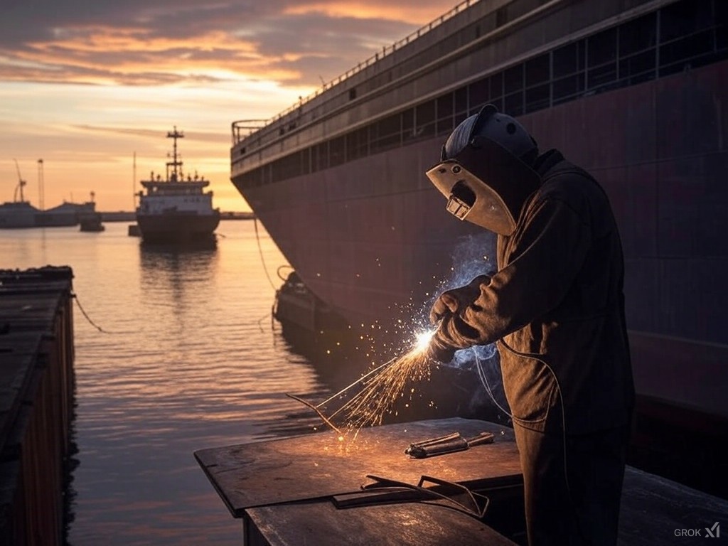 Lassen in scheepswerf Een lasser is aan het werk op een scheepswerf